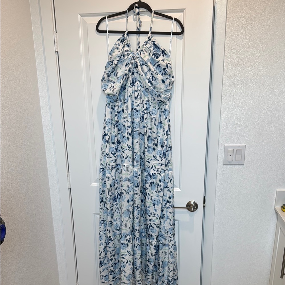 Elegant Blue Floral Halter Maxi Dress